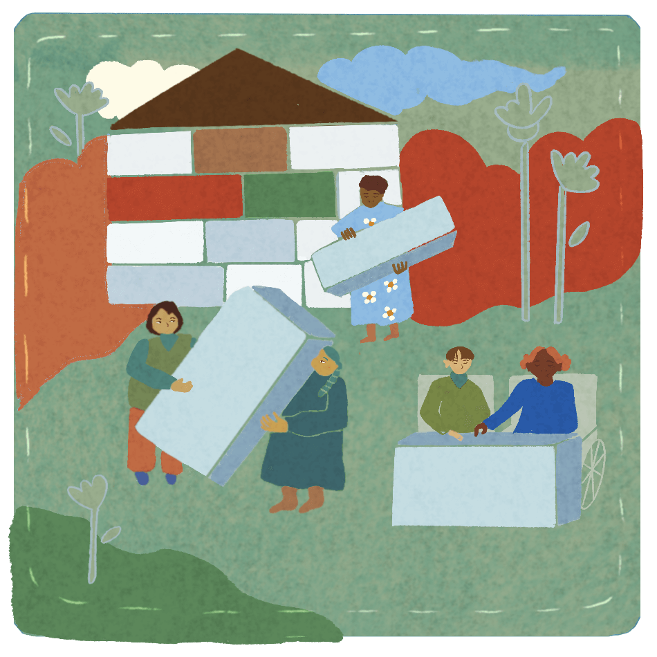 Atop cool-toned green patch is a sewn group of individuals working together to build a community in front of colorful cloud shapes and plants. In the front right, a light-skinned Southwest asian person with short dark brown hair wearing an olive shirt sit to talk and plan and dream together with their community member, a dark skinned Black person with curly pinkish orange hair, tied in two buns. In the back a dark-skinned South Asian person with short curly dark brown hair, wearing a floral light blue dress, carries a building block. In the front left, two Latinx elders carry a building block together. The elder on the left is wearing a vest outfit and has short bob-length brown hair. The elder on the right has a thick green braid and is wearing a long emerald green dress.