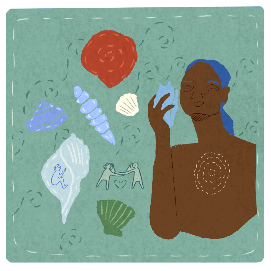Atop a green-blue quilt patch is a sewn array of beautiful differently colored and shaped shells. The different shells hold different people with their different experiences and traumas. A larger figure, a dark skinned Black person with tied dark blue hair, on the right holds a shell to their ear to listen. In the center of their chest is nested fragmented circles embroidered with eggshell thread. Two smaller doodled figures to their left hold each-other’s hands and shells to listen to one another, to feel thoughtfully understood and to feel belonging. Shells and spirals are fractals, connecting to the patterns of belonging we find in nature.