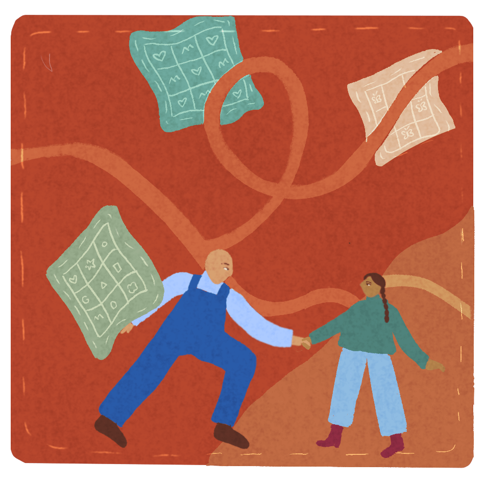 Atop a color blocked deep and light orange square quilt is two sewn individuals holding hands. Above them are three different quilts, showing the many quilts and microcosms within our movement ecosystems. A fabric that the person at the center of the quilt is sewing, trails in loops in this quilt square. The person on the left inside the quilt square is a bald light-skinned Southwest Asian person, wearing a long sleeved blue shirt and dark blue overalls. The person on the right whose hand is being held is a medium-toned skinned Latinx person with a long dark brown braid, wearing a long sleeve green shirt and blue pants.